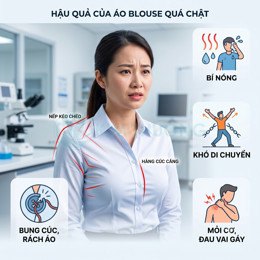 Nữ nhân viên y tế mặc áo blouse quá chật, căng ở vai ngực gây bí nóng, khó di chuyển và dễ bung cúc rách áo