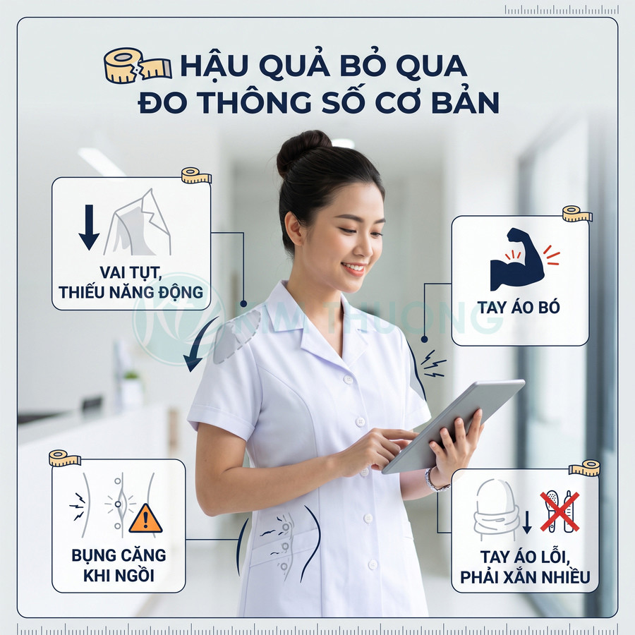 Nữ nhân viên y tế mặc đồng phục trắng cầm máy tính bảng, minh họa hậu quả chọn sai size áo
