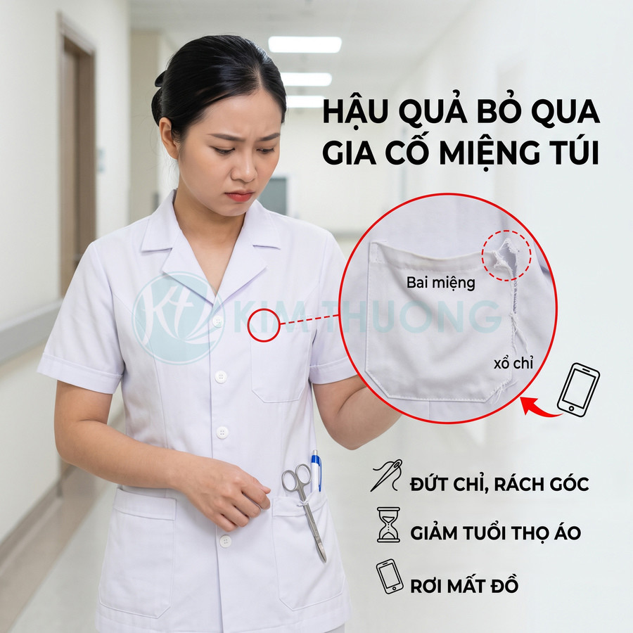 Áo blouse y tế trắng bị xổ chỉ rách miệng túi, dễ rơi điện thoại và dụng cụ trong quá trình sử dụng