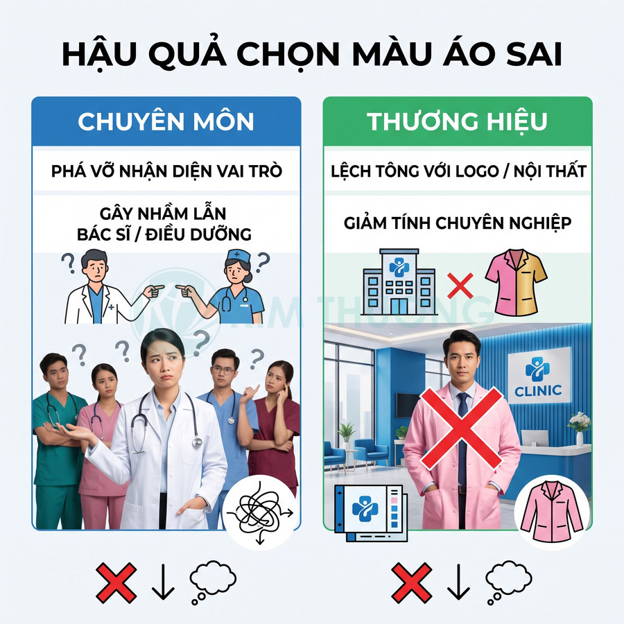 Hình minh họa hậu quả chọn sai màu áo đồng phục bác sĩ điều dưỡng và nhân viên phòng khám