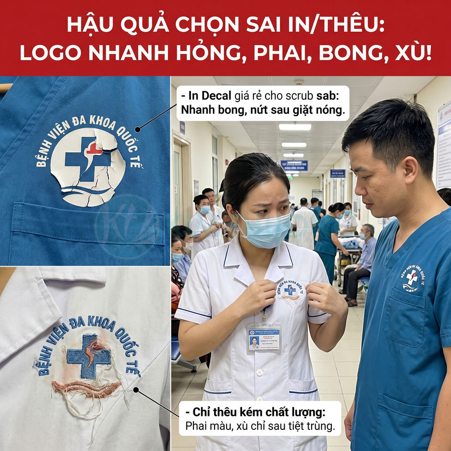 Đồng phục y tá bệnh viện với logo in decal và thêu kém chất lượng bị bong tróc, phai màu, xù chỉ
