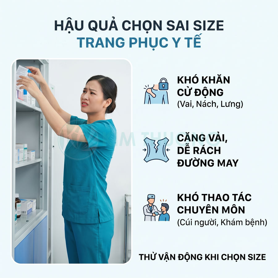 Nhân viên y tế mặc đồng phục màu xanh dương khó cử động khi với tay lấy thuốc trên kệ