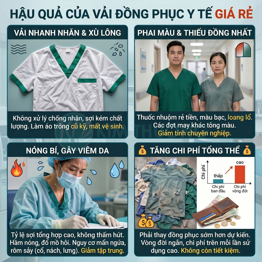 Hậu quả sử dụng đồng phục y tế giá rẻ với vải dễ nhăn, phai màu, gây nóng bí và tốn kém chi phí