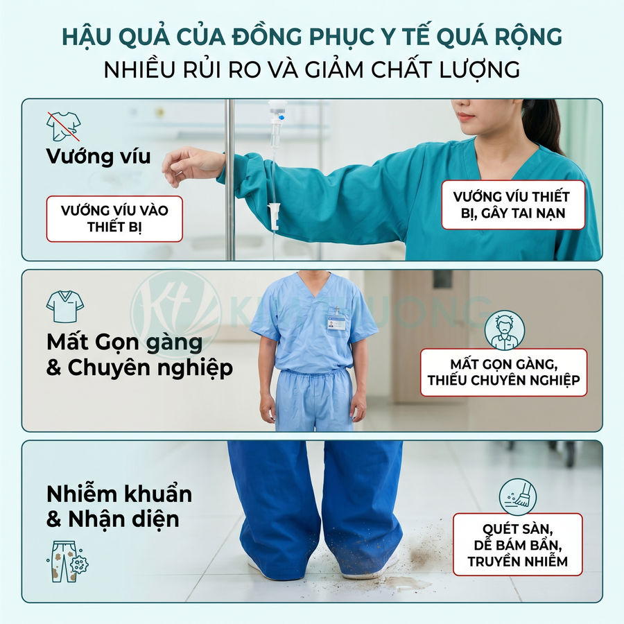 Infographic về hậu quả đồng phục y tế quá rộng gây vướng víu thiết bị, kém chuyên nghiệp và dễ bám bẩn, nhiễm khuẩn