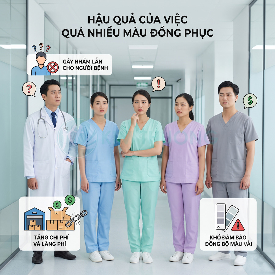 Nhóm bác sĩ y tá mặc nhiều màu đồng phục y tế khác nhau đứng trong hành lang bệnh viện