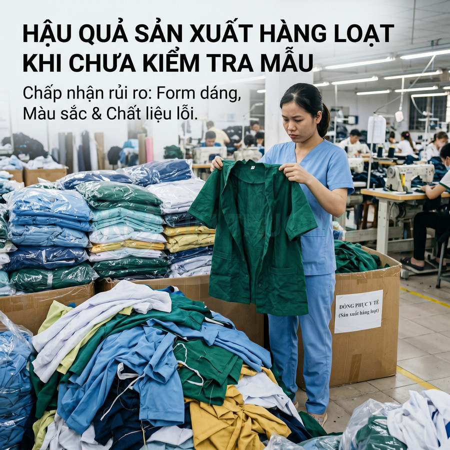 Nhân viên kiểm tra áo đồng phục y tế màu xanh giữa đống quần áo lỗi trong xưởng may