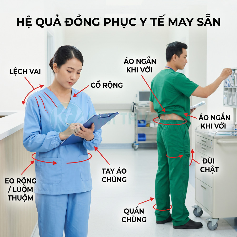 Nhân viên y tế mặc đồng phục may sẵn rộng chật không vừa người trong phòng khám