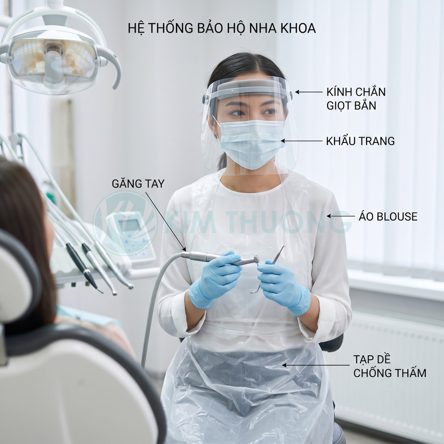 Nha sĩ đeo kính chắn giọt bắn, khẩu trang, găng tay, áo blouse và tạp dề chống thấm khi khám răng cho bệnh nhân