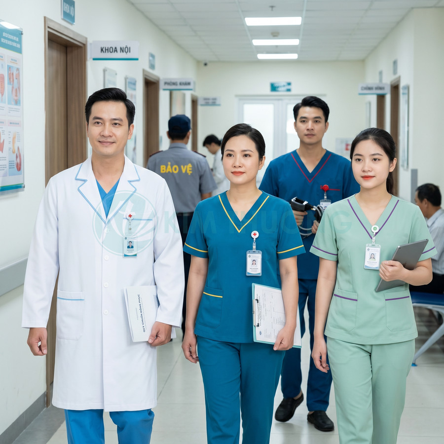 Đội ngũ bác sĩ và y tá mặc đồng phục y tế đi trong hành lang bệnh viện hiện đại