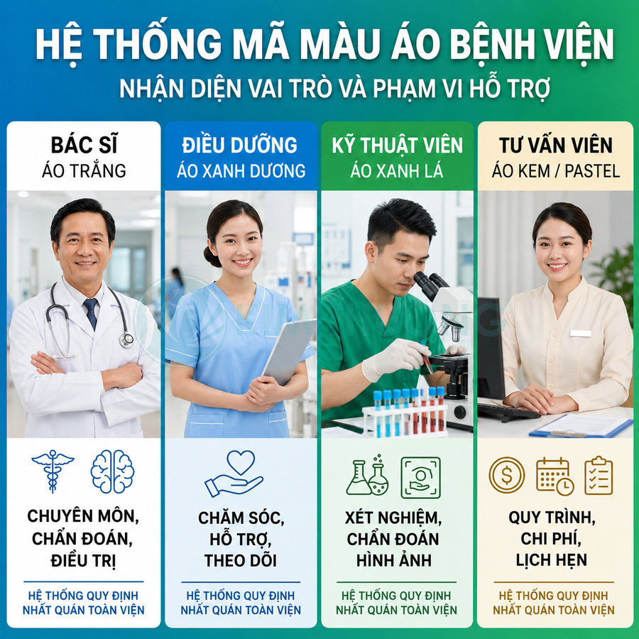 Hệ thống mã màu áo bệnh viện cho bác sĩ áo trắng, điều dưỡng áo xanh dương, kỹ thuật viên áo xanh lá, tư vấn viên áo kem
