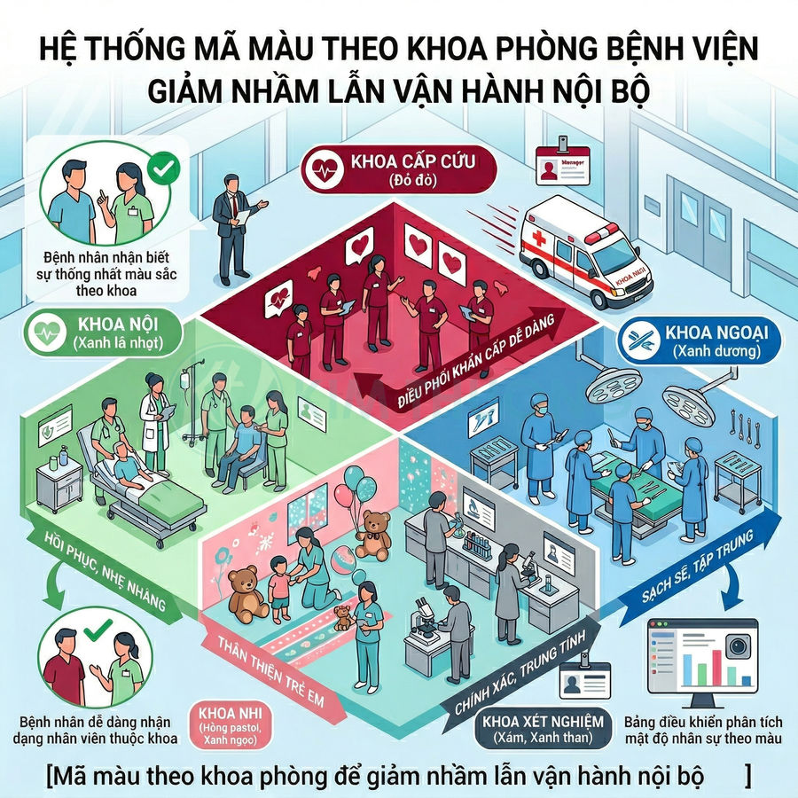 Hệ thống mã màu phân khu khoa nội, khoa ngoại, khoa cấp cứu, khoa nhi, khoa xét nghiệm trong bệnh viện