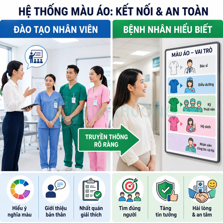Hệ thống màu áo đồng phục bệnh viện giúp phân biệt bác sĩ điều dưỡng kỹ thuật viên hộ sinh và nhân viên công tác xã hội