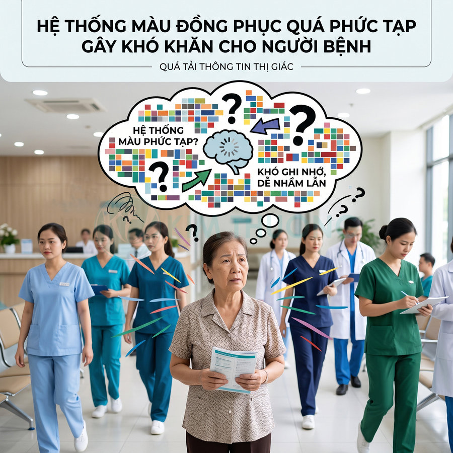 Người bệnh lớn tuổi bối rối giữa nhiều nhân viên y tế mặc đồng phục màu sắc khác nhau trong bệnh viện