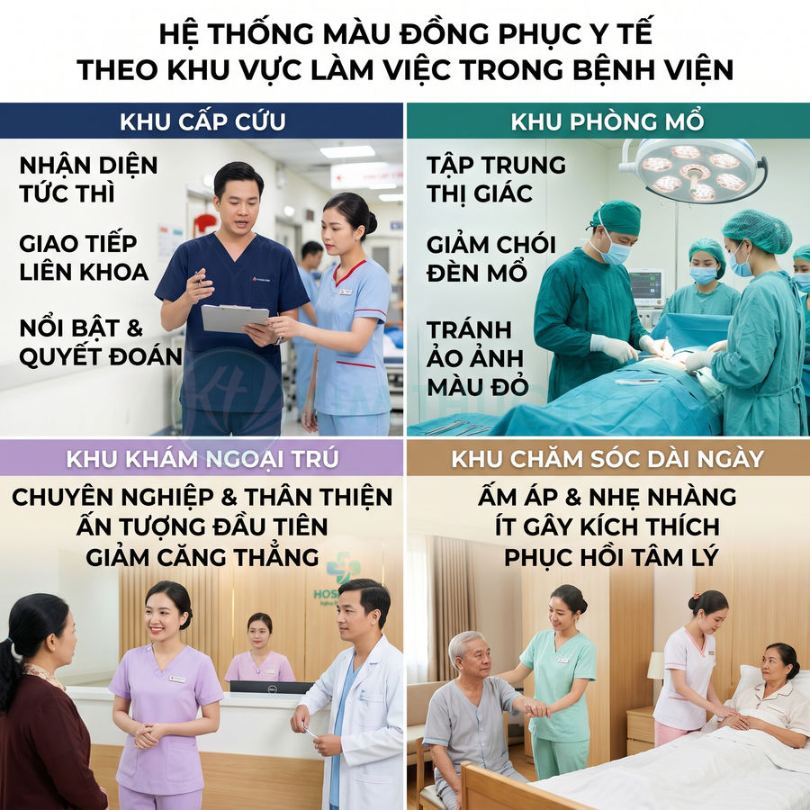 Hệ thống màu đồng phục y tế cho khu cấp cứu, phòng mổ, khám ngoại trú và chăm sóc dài ngày trong bệnh viện