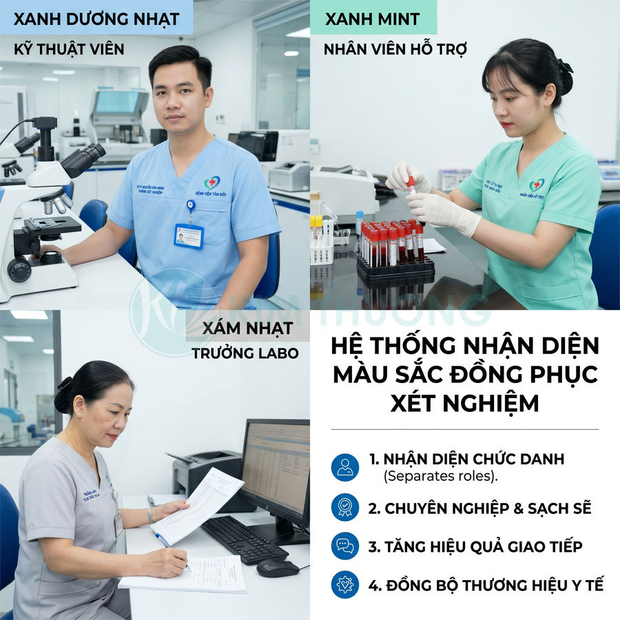 Nhân viên xét nghiệm bệnh viện mặc đồng phục màu khác nhau theo chức danh trong phòng labo hiện đại
