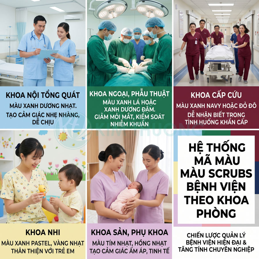 Hệ thống màu đồng phục scrubs bệnh viện cho từng khoa phòng nội tổng quát, ngoại, cấp cứu, nhi, sản phụ khoa