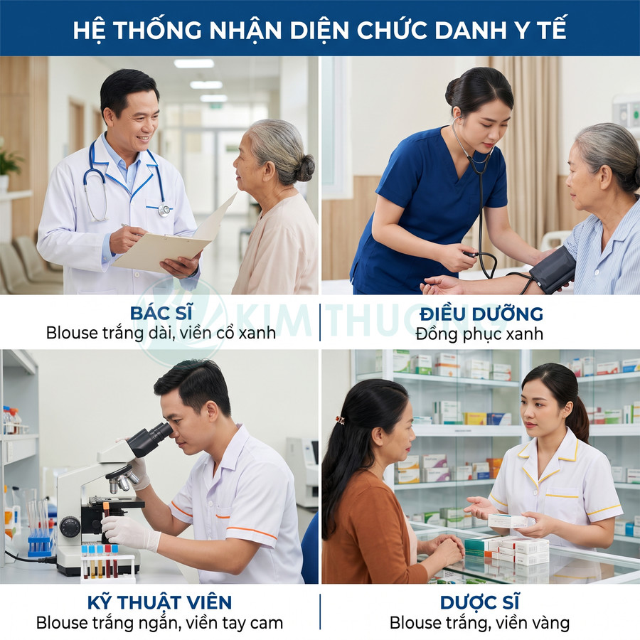 Hệ thống nhận diện chức danh y tế với bác sĩ, điều dưỡng, kỹ thuật viên và dược sĩ trong đồng phục đặc trưng