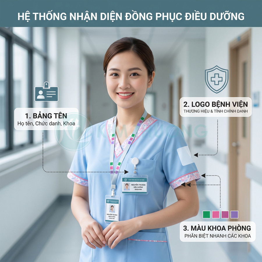 Đồng phục điều dưỡng bệnh viện màu xanh nhạt với bảng tên, logo bệnh viện và mã màu phân biệt khoa phòng