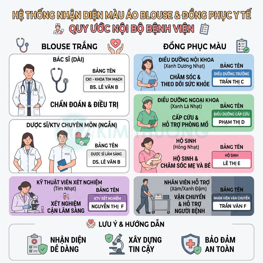 Hệ thống màu áo blouse và đồng phục y tế trong bệnh viện giúp nhận diện bác sĩ điều dưỡng hộ sinh