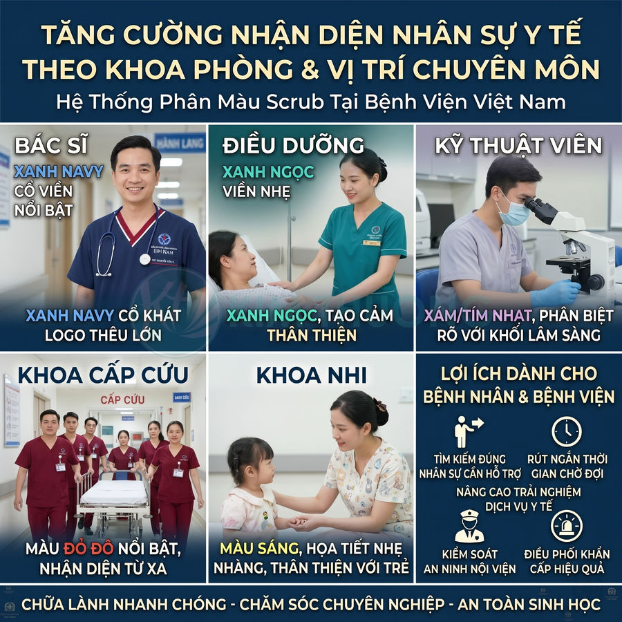 Hệ thống màu đồng phục bác sĩ điều dưỡng kỹ thuật viên và nhân viên khoa nhi tại bệnh viện Việt Nam