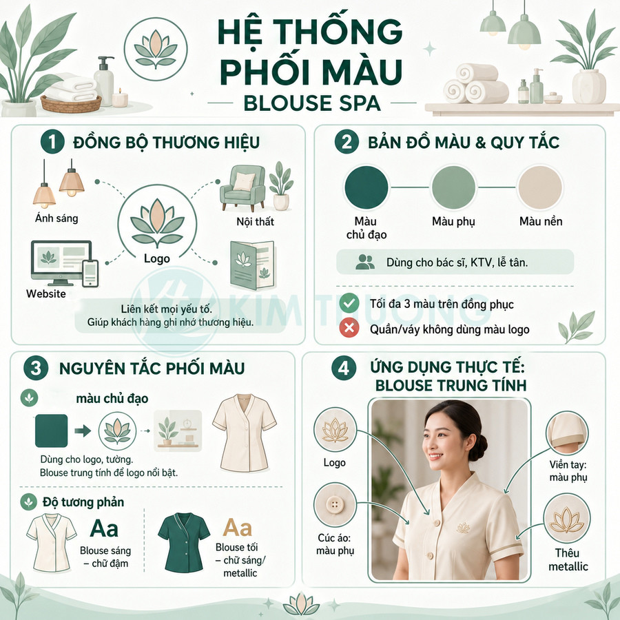 Infographic hướng dẫn phối màu đồng phục blouse spa tông be xanh, mẫu nhân viên nữ mặc blouse trung tính