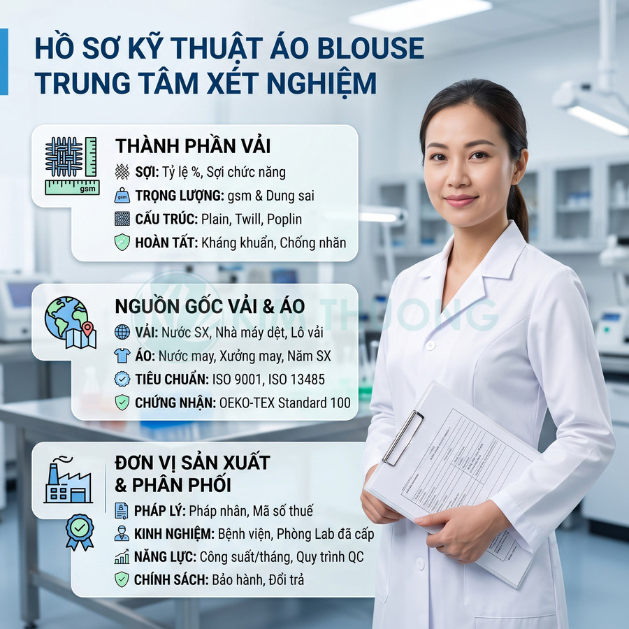 Áo blouse phòng thí nghiệm trắng cao cấp cho nhân viên trung tâm xét nghiệm, nữ kỹ thuật viên đang mặc và cầm hồ sơ