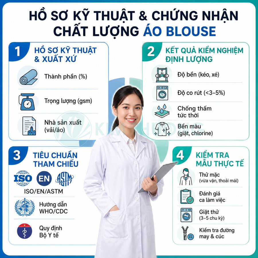 Nữ nhân viên y tế mặc áo blouse trắng cầm bảng hồ sơ đứng trước bảng thông tin kiểm định chất lượng