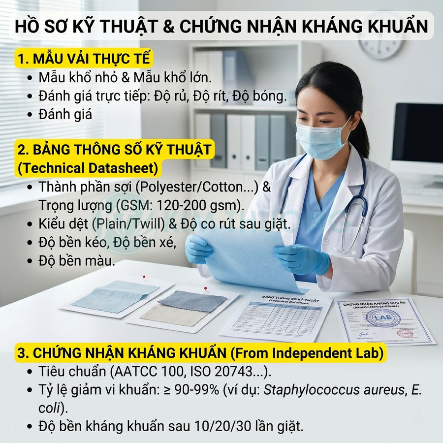Bác sĩ xem xét mẫu vải và chứng nhận kháng khuẩn trên bàn làm việc trong phòng khám