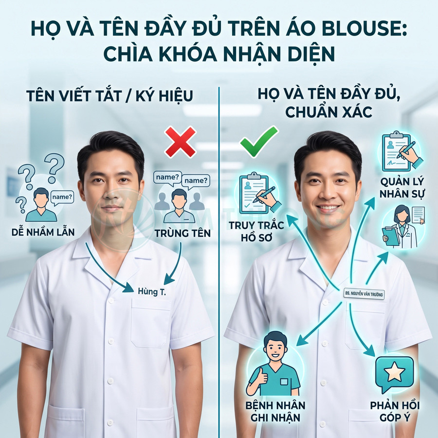 Áo blouse bác sĩ với họ tên đầy đủ thêu trên ngực giúp nhận diện rõ ràng và quản lý hồ sơ, bệnh nhân dễ ghi nhận