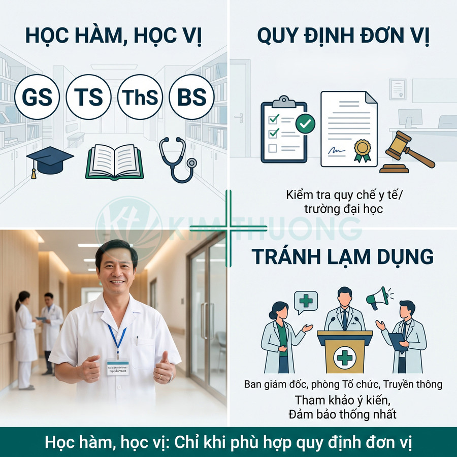 Bác sĩ mặc áo blouse trắng đứng trong hành lang bệnh viện, minh họa thông điệp về học hàm học vị và quy định đơn vị