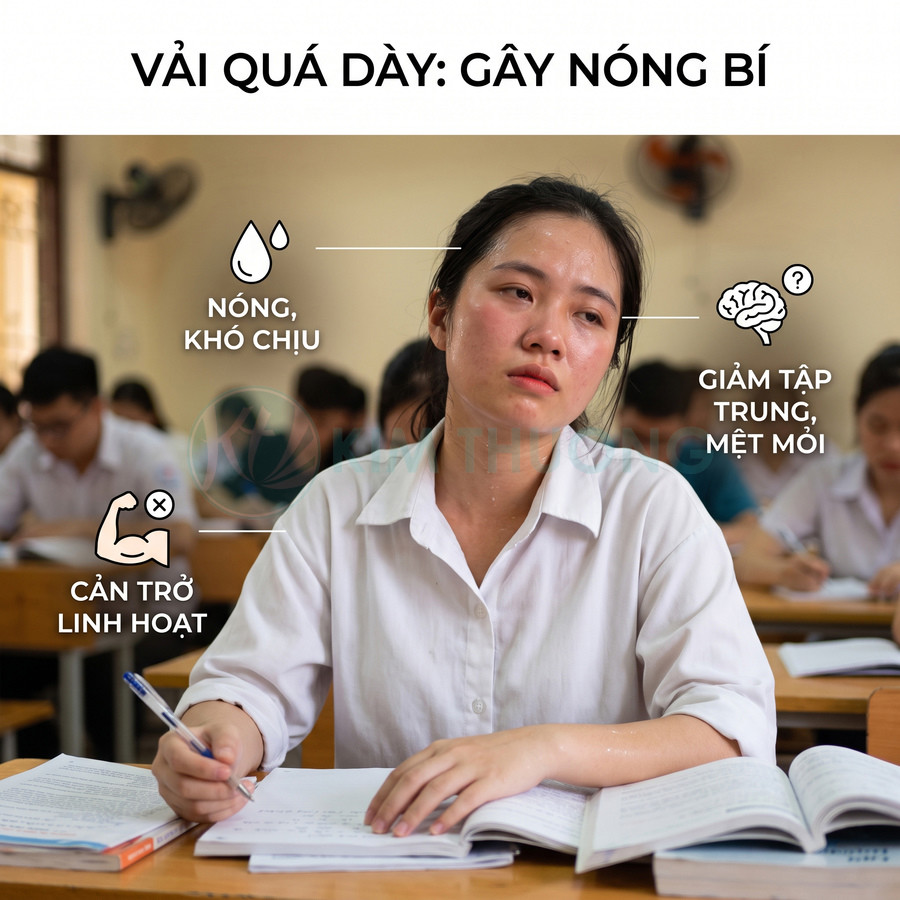 Nữ sinh mặc áo đồng phục vải dày ngồi trong lớp học, mồ hôi nhiều, vẻ mặt mệt mỏi khó chịu