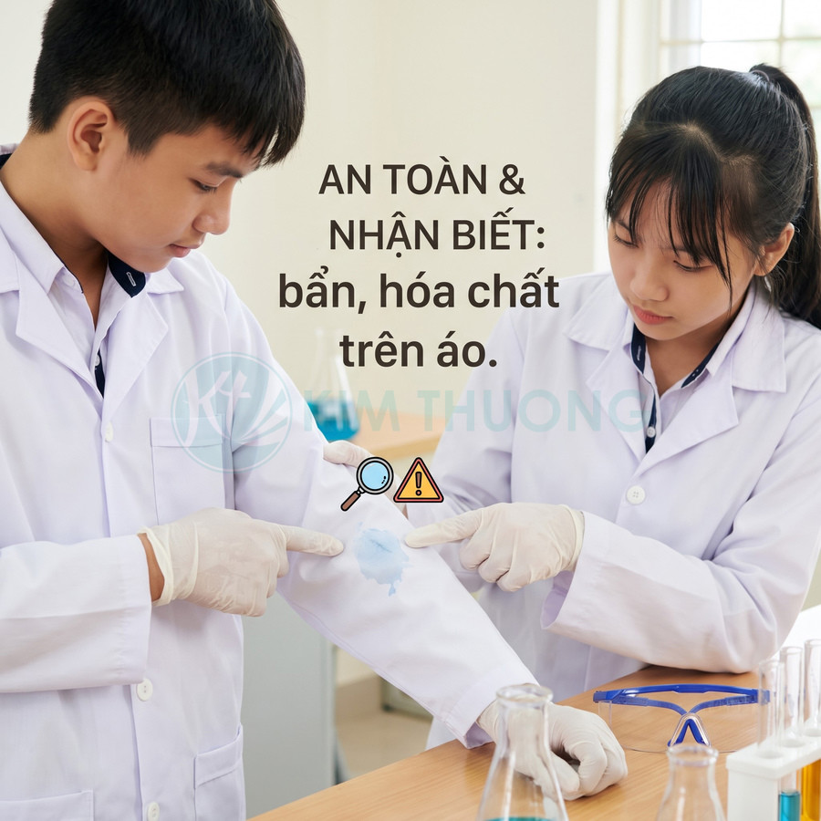 Hai học sinh mặc áo blouse kiểm tra vết bẩn hóa chất trên tay áo trắng trong phòng thí nghiệm
