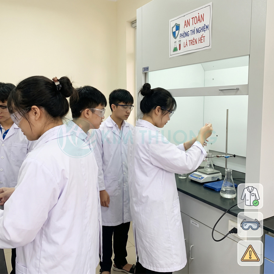 Áo blouse phòng thí nghiệm màu trắng và kính bảo hộ được học sinh sử dụng khi thực hành hóa học