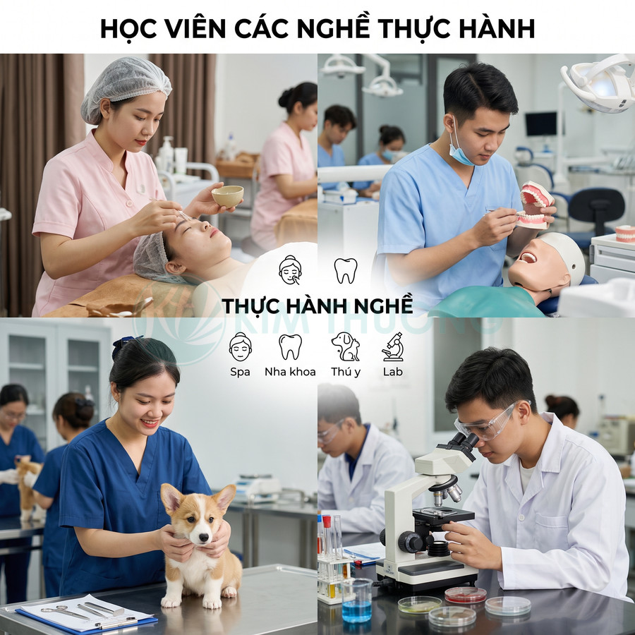 Học viên thực hành nghề spa, nha khoa, thú y và xét nghiệm lab với người mẫu, chó và kính hiển vi