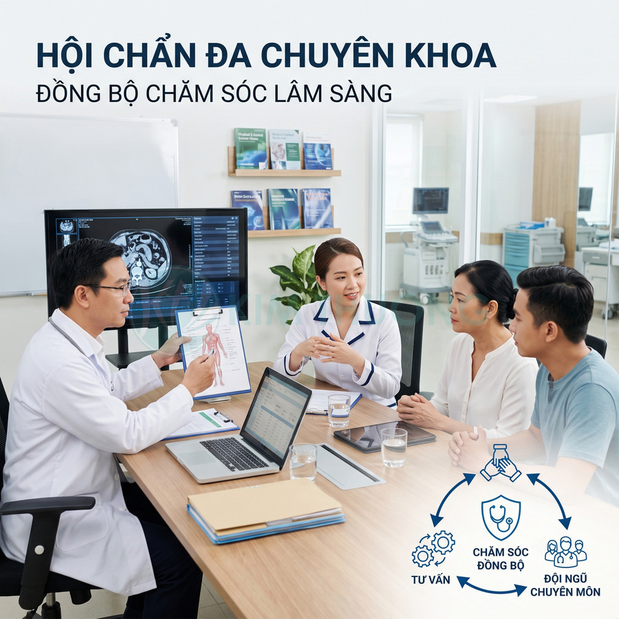 Bác sĩ hội chẩn đa chuyên khoa với bệnh nhân trong phòng khám hiện đại có màn hình chụp chiếu và laptop