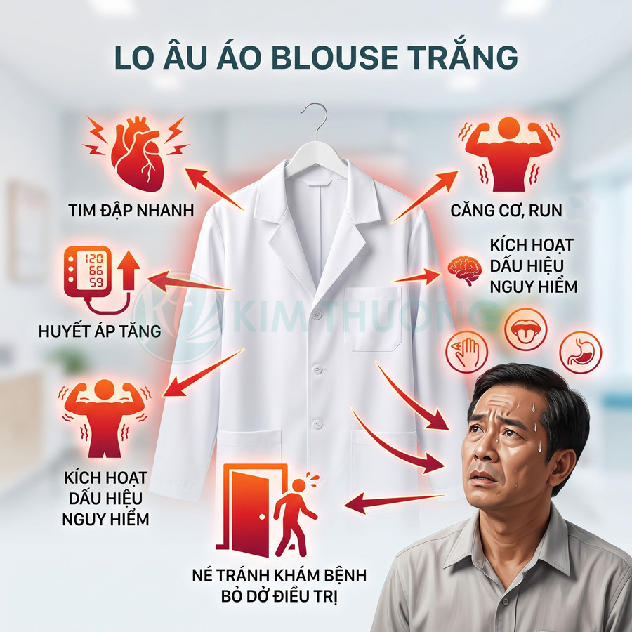 Người đàn ông trung niên lo lắng nhìn áo blouse trắng với các biểu tượng mô tả triệu chứng lo âu khi khám bệnh
