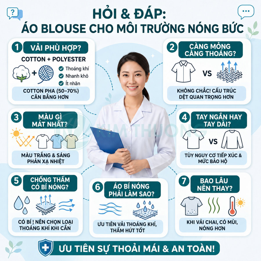 Nữ bác sĩ mặc áo blouse trắng cầm bìa hồ sơ, xung quanh là hướng dẫn chọn áo blouse cho môi trường nóng bức
