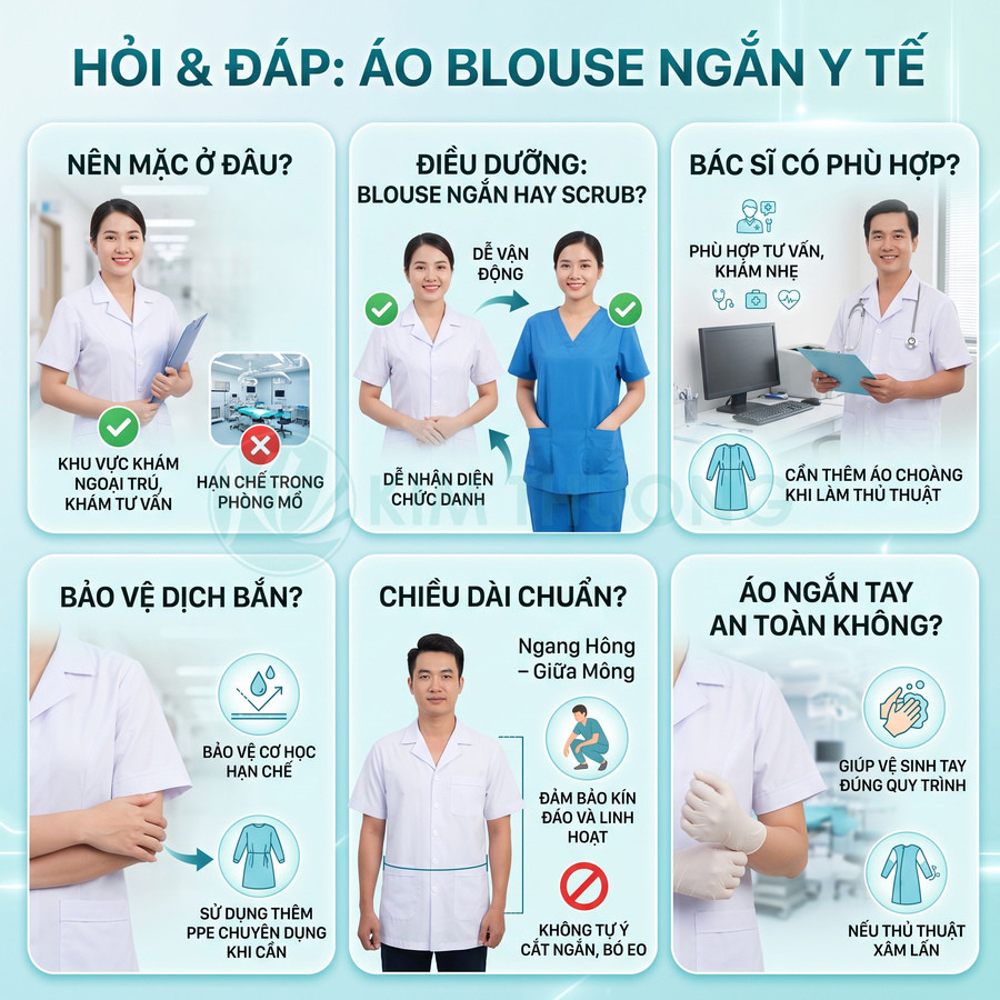 Áo blouse ngắn tay y tế màu trắng cho bác sĩ điều dưỡng, thiết kế dáng suông dài ngang hông, phù hợp khám ngoại trú