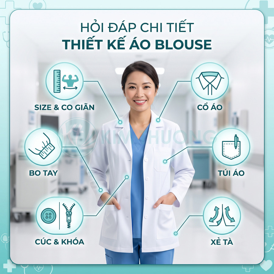 Áo blouse bác sĩ màu trắng thiết kế chi tiết với cổ áo túi áo bo tay cúc khóa và xẻ tà trong bệnh viện