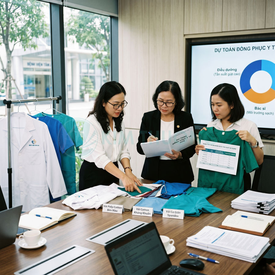 Nhân viên y tế lựa chọn và so sánh mẫu vải đồng phục bệnh viện trên bàn họp