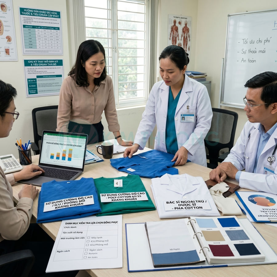 Nhân viên y tế họp bàn lựa chọn mẫu đồng phục bệnh viện với áo blouse và đồ phẫu thuật trên bàn