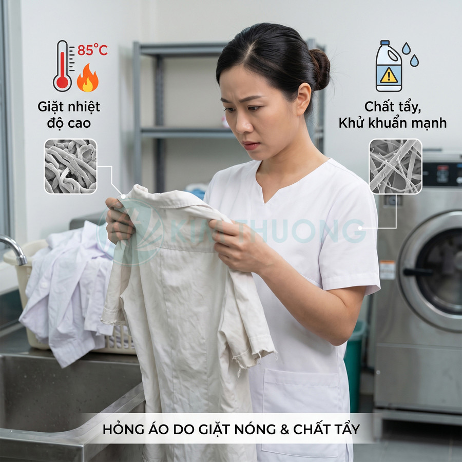 Người phụ nữ cầm áo trắng bị hỏng do giặt nước nóng và dùng chất tẩy mạnh trong phòng giặt