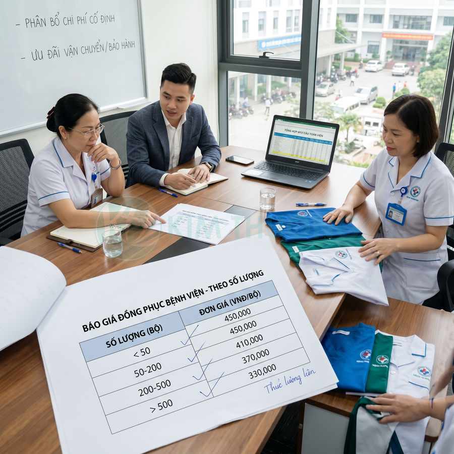 Báo giá đồng phục bệnh viện với mẫu áo blouse và áo thun y tế bày trên bàn trong phòng họp