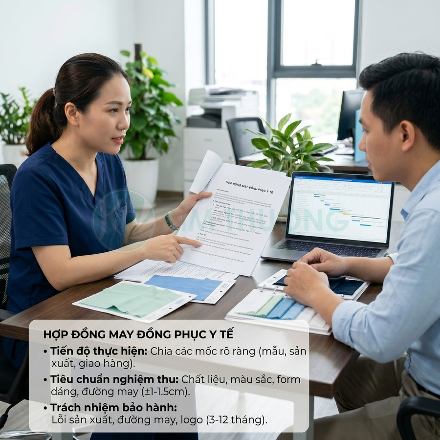 Nhân viên tư vấn hợp đồng may đồng phục y tế với khách hàng, bàn mẫu vải và điều khoản chất lượng sản phẩm