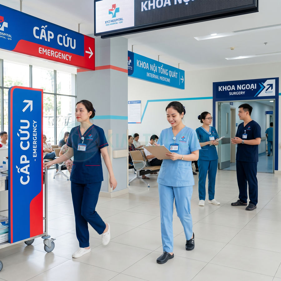 Nhân viên y tế bệnh viện XYZ Hospital di chuyển và làm việc trong khu vực cấp cứu và khoa khám bệnh