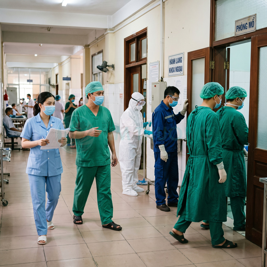 Đội ngũ bác sĩ và nhân viên y tế mặc đồ bảo hộ, khẩu trang làm việc trong hành lang bệnh viện
