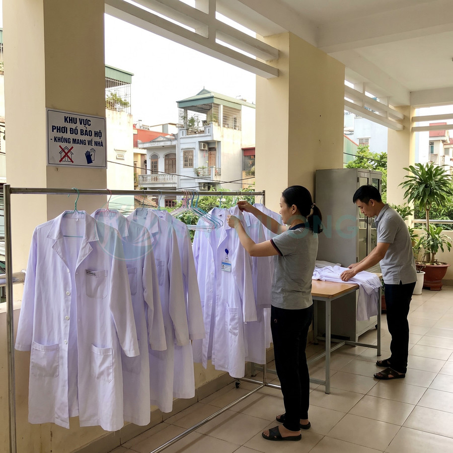 Áo blouse y tế màu trắng được nhân viên bệnh viện treo lên giá phơi đồ bảo hộ