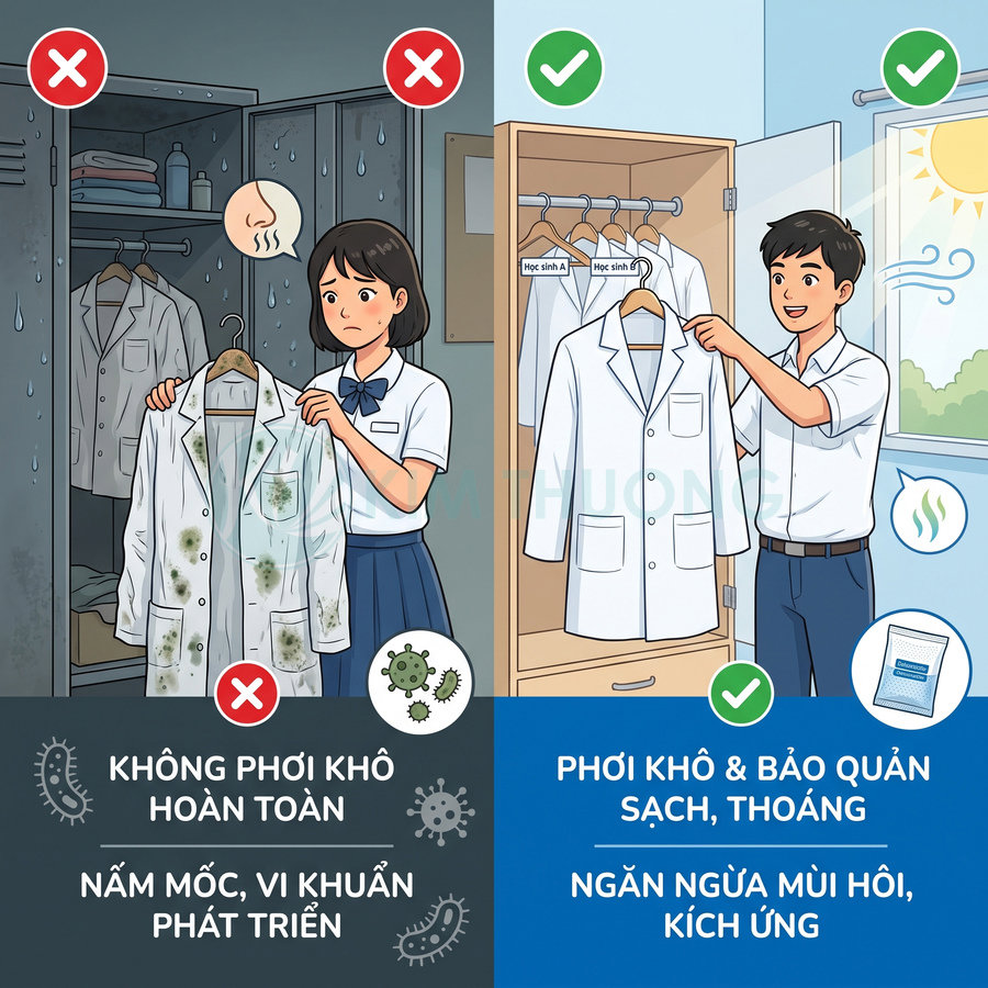 Áo blouse học sinh bị ẩm mốc trong tủ và áo được phơi khô, bảo quản sạch thoáng để ngăn mùi hôi, kích ứng