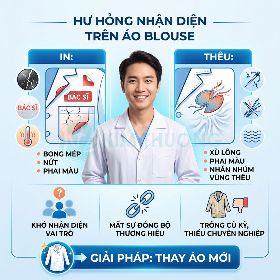 Bác sĩ mặc áo blouse trắng, minh họa các lỗi in thêu hư hỏng và khuyến nghị thay áo mới