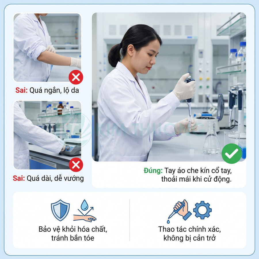 Áo blouse phòng thí nghiệm có tay áo che kín cổ tay, bảo vệ khỏi hóa chất mà không cản trở thao tác pipet.